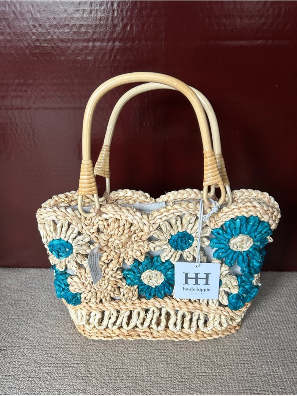 Haute Hippie multicolored straw bag with floral design NEW Boho